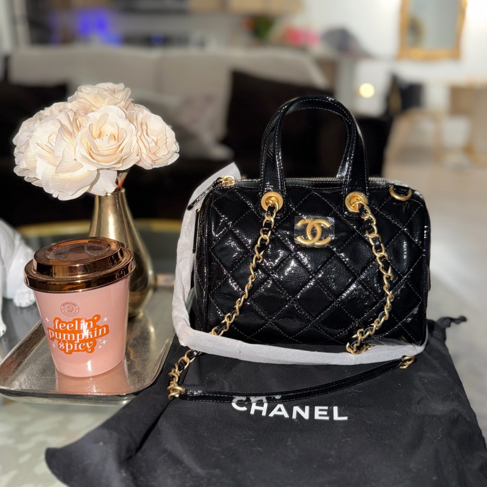 Black Patent Leather Satchel crossbody bag with Gold Accents duffle